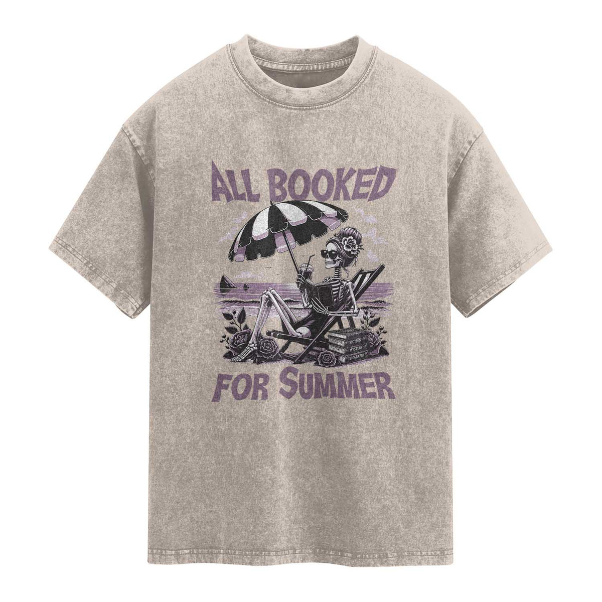 Funny Skeleton Reading At The Beach Washed Cotton T-Shirt All Booked For Summer