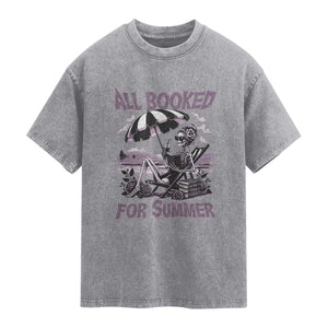 Funny Skeleton Reading At The Beach Washed Cotton T-Shirt All Booked For Summer