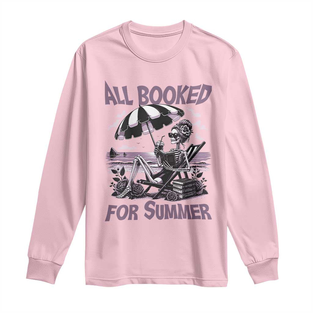 Funny Skeleton Reading At The Beach Long Sleeve Shirt All Booked For Summer TS12 Light Pink Print Your Wear