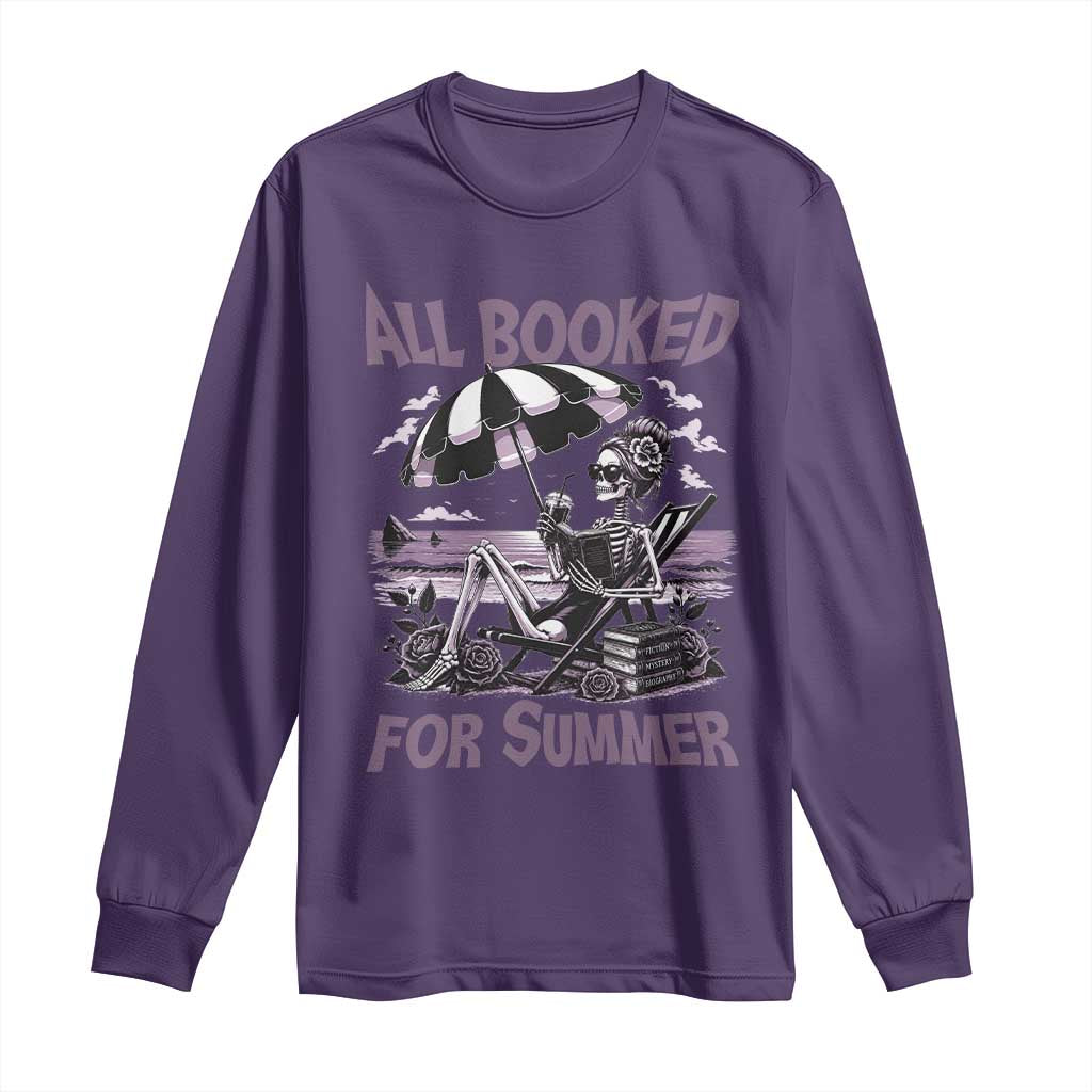 Funny Skeleton Reading At The Beach Long Sleeve Shirt All Booked For Summer TS12 Purple Print Your Wear