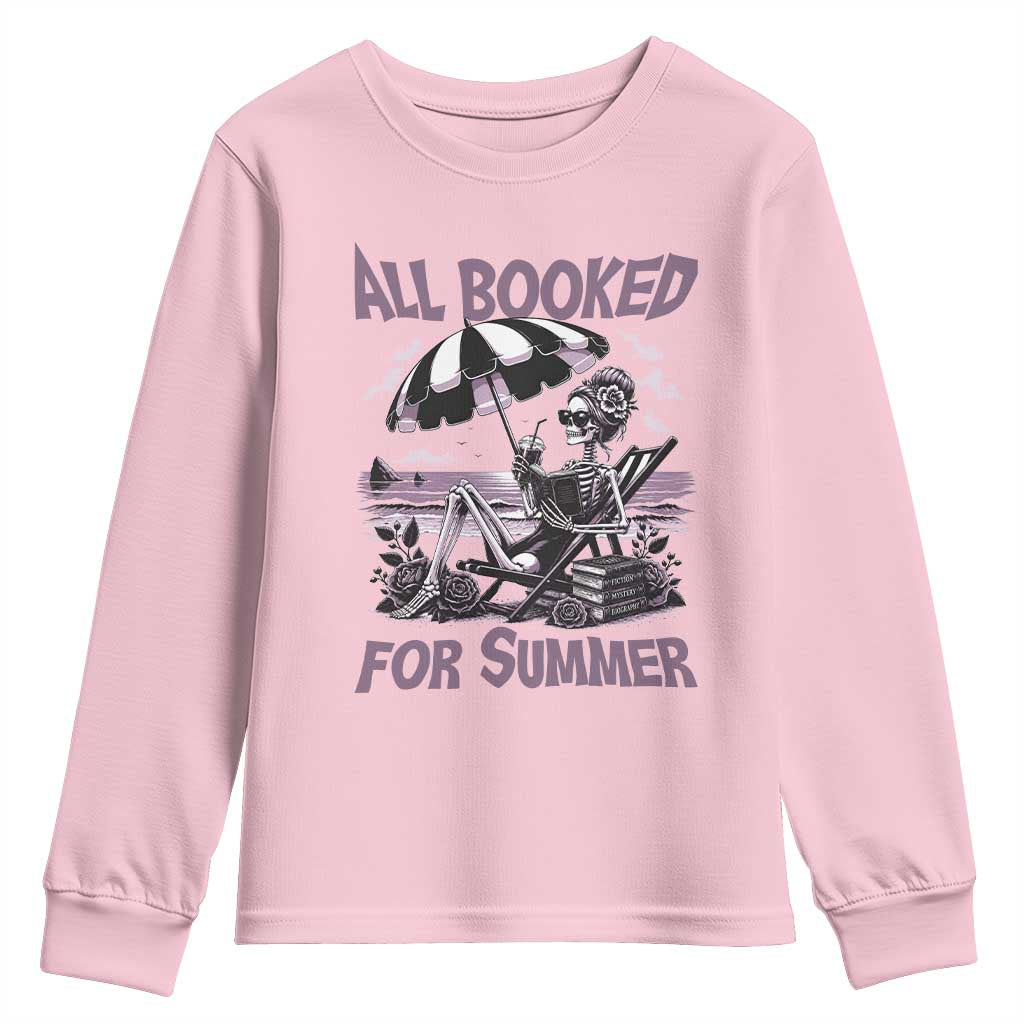 Funny Skeleton Reading At The Beach Youth Sweatshirt All Booked For Summer TS12 Light Pink Print Your Wear