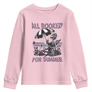 Funny Skeleton Reading At The Beach Youth Sweatshirt All Booked For Summer TS12 Light Pink Print Your Wear