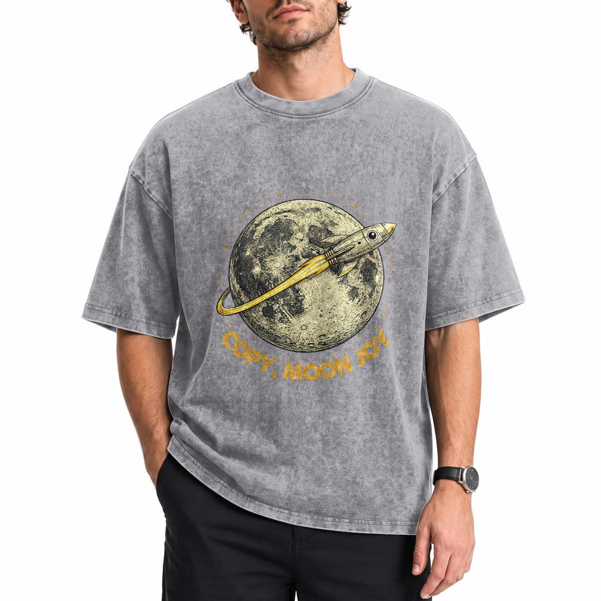 Copy Moon Joy Space Lover Lunar Mission Washed Cotton T-Shirt Astronaut Sci Fi Graphic