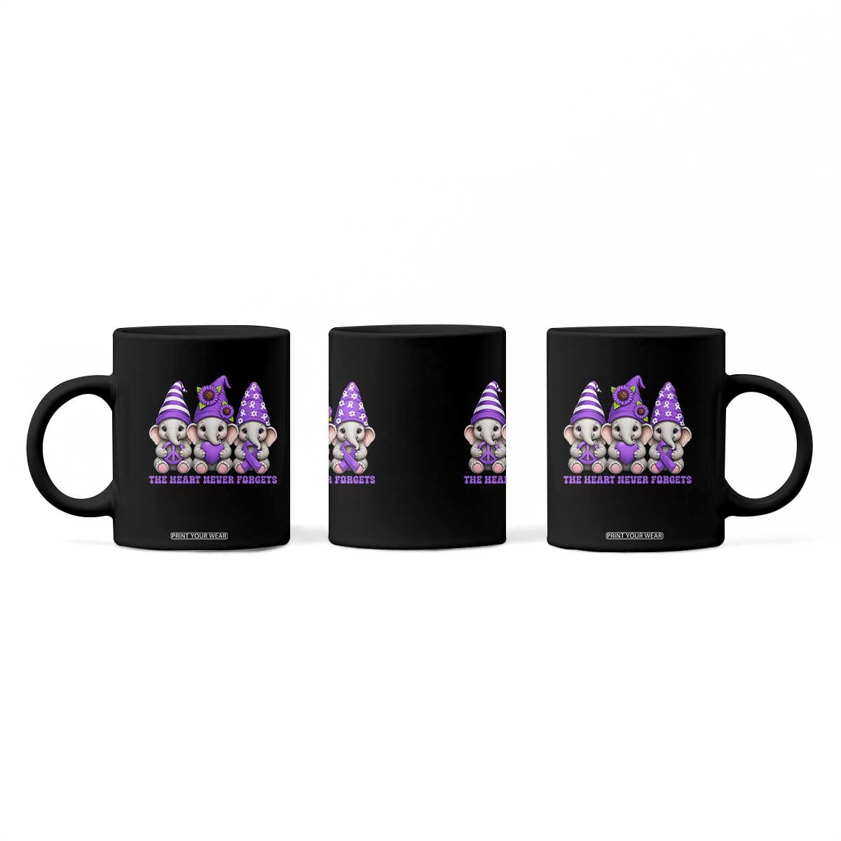 Cute Elephant Gnome Purple Ribbon Alzheimer's Support Coffee Mug The Heart Never Forgets TS12 Print Your Wear