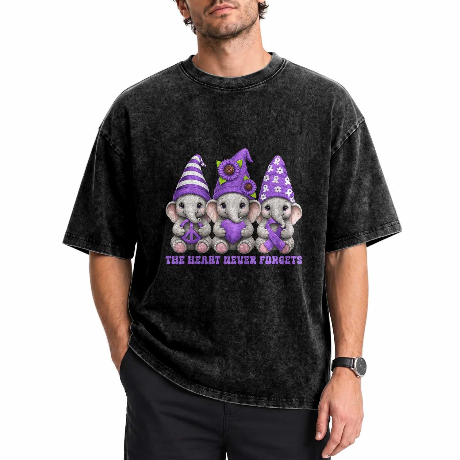 Cute Elephant Gnome Purple Ribbon Alzheimer's Support Washed Cotton T-Shirt The Heart Never Forgets