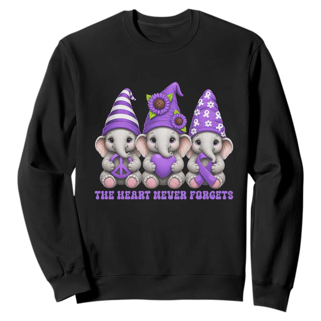 Cute Elephant Gnome Purple Ribbon Alzheimer's Support Sweatshirt The Heart Never Forgets TS12 Black Print Your Wear