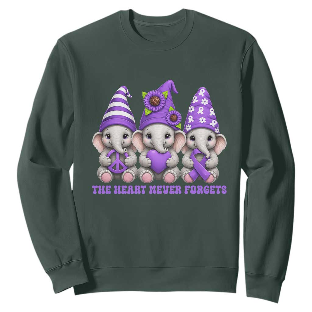 Cute Elephant Gnome Purple Ribbon Alzheimer's Support Sweatshirt The Heart Never Forgets TS12 Dark Forest Green Print Your Wear