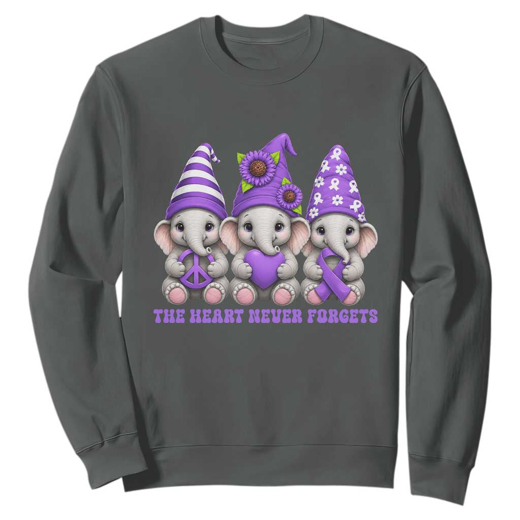 Cute Elephant Gnome Purple Ribbon Alzheimer's Support Sweatshirt The Heart Never Forgets TS12 Dark Heather Print Your Wear