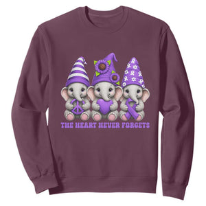 Cute Elephant Gnome Purple Ribbon Alzheimer's Support Sweatshirt The Heart Never Forgets TS12 Maroon Print Your Wear