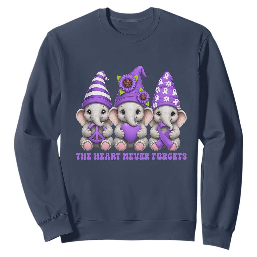 Cute Elephant Gnome Purple Ribbon Alzheimer's Support Sweatshirt The Heart Never Forgets TS12 Navy Print Your Wear