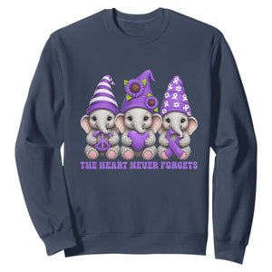 Cute Elephant Gnome Purple Ribbon Alzheimer's Support Sweatshirt The Heart Never Forgets TS12 Navy Print Your Wear