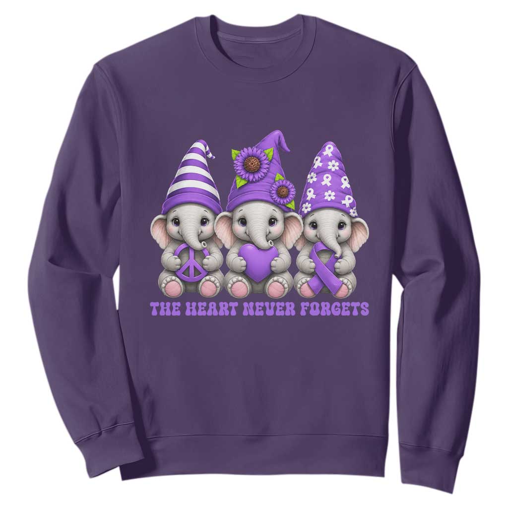 Cute Elephant Gnome Purple Ribbon Alzheimer's Support Sweatshirt The Heart Never Forgets TS12 Purple Print Your Wear