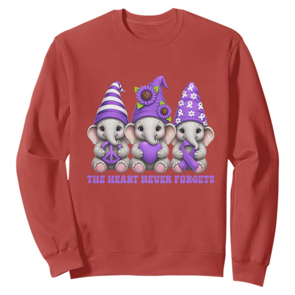 Cute Elephant Gnome Purple Ribbon Alzheimer's Support Sweatshirt The Heart Never Forgets TS12 Red Print Your Wear