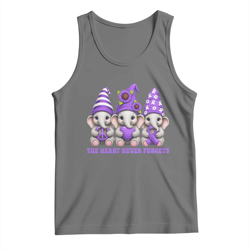 Cute Elephant Gnome Purple Ribbon Alzheimer's Support Tank Top The Heart Never Forgets TS12 Black Heather Print Your Wear