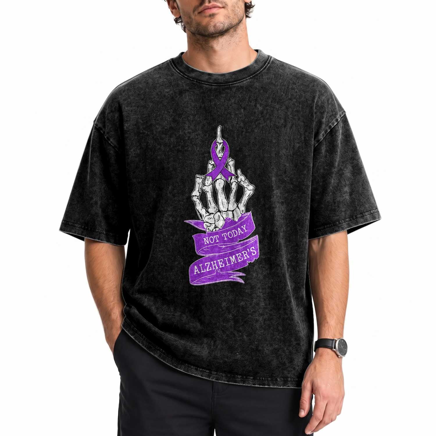 Not Today Alzheimers Washed Cotton T-Shirt Funny Skeleton Middle Finger Purple Ribbon