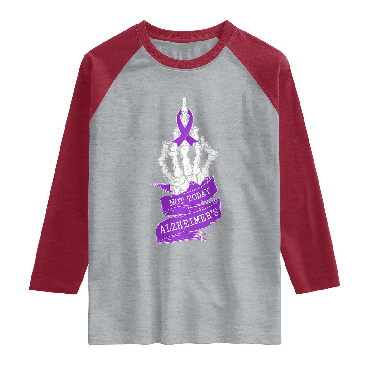 Not Today Alzheimers Raglan Shirt Funny Skeleton Middle Finger Purple Ribbon TS12 Heather Gray Heather Red Print Your Wear
