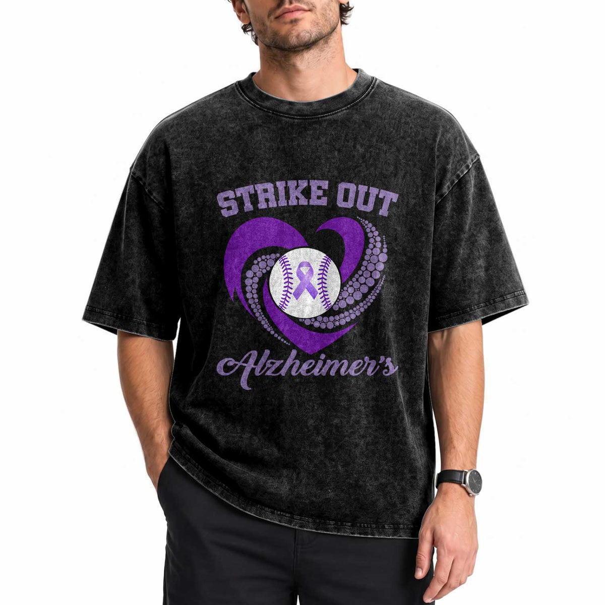 Strike Out Alzheimers Washed Cotton T-Shirt Purple Ribbon Baseball Hope Support