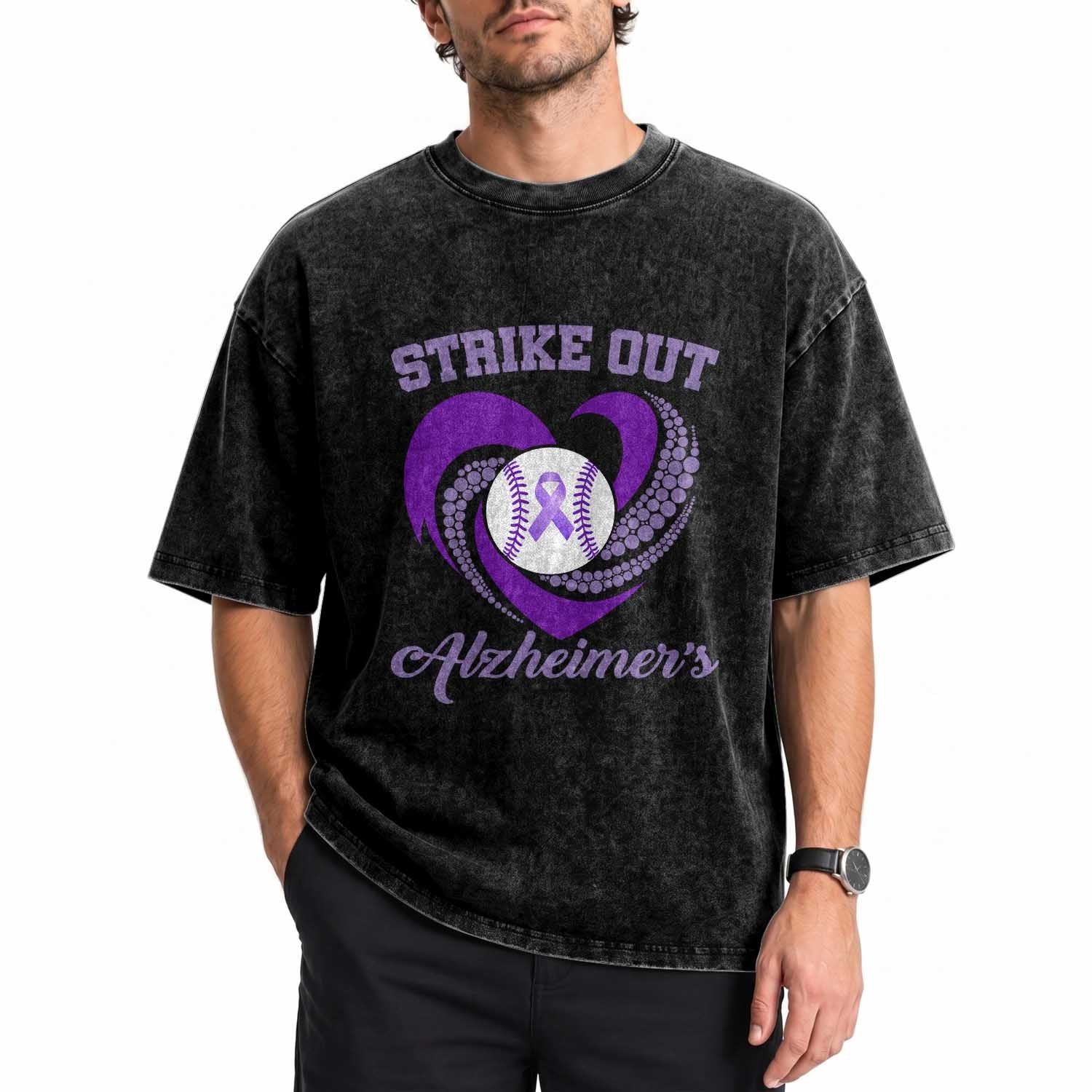 Strike Out Alzheimers Washed Cotton T-Shirt Purple Ribbon Baseball Hope Support