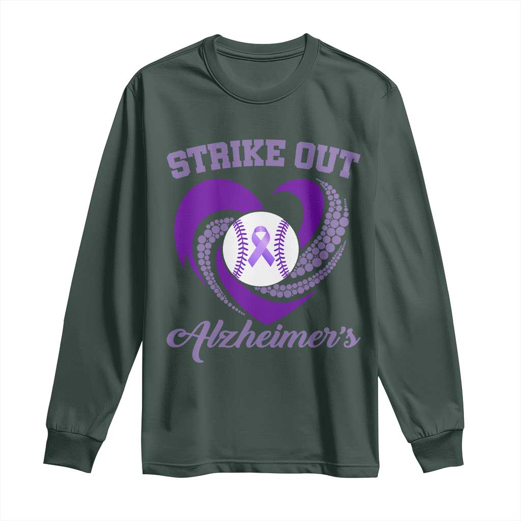 Strike Out Alzheimers Long Sleeve Shirt Purple Ribbon Baseball Hope Support TS12 Dark Forest Green Print Your Wear