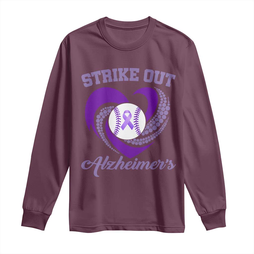Strike Out Alzheimers Long Sleeve Shirt Purple Ribbon Baseball Hope Support TS12 Maroon Print Your Wear