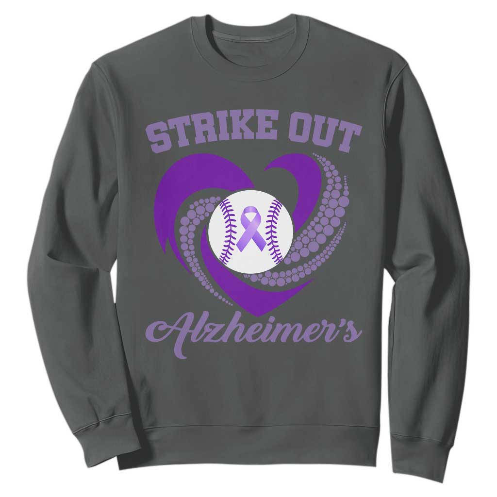 Strike Out Alzheimers Sweatshirt Purple Ribbon Baseball Hope Support TS12 Dark Heather Print Your Wear