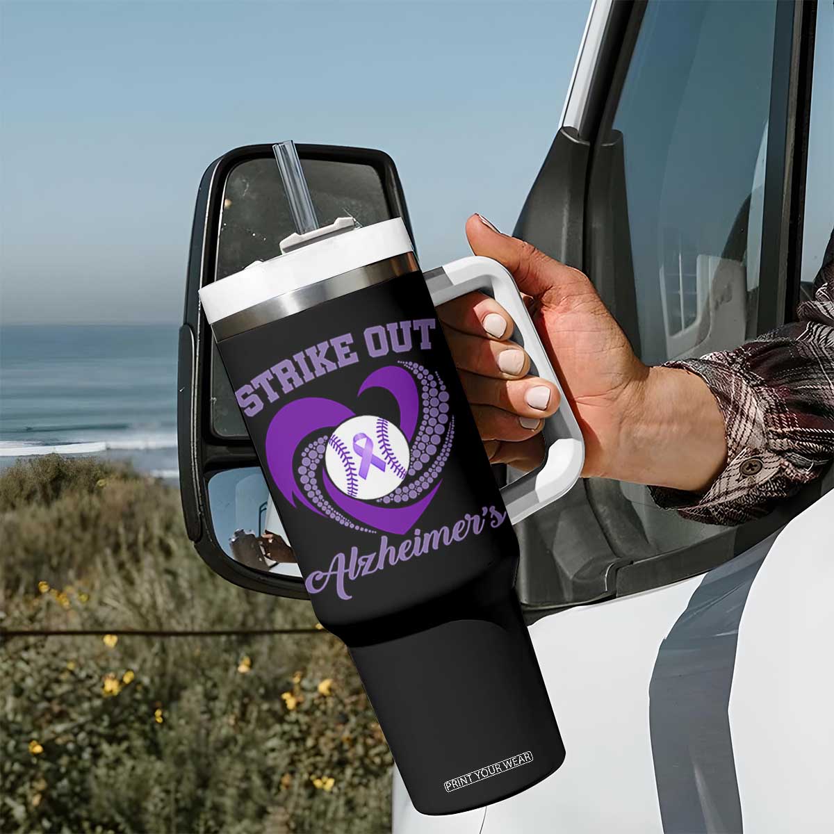 Strike Out Alzheimers Tumbler With Handle Purple Ribbon Baseball Hope Support TS12 Print Your Wear