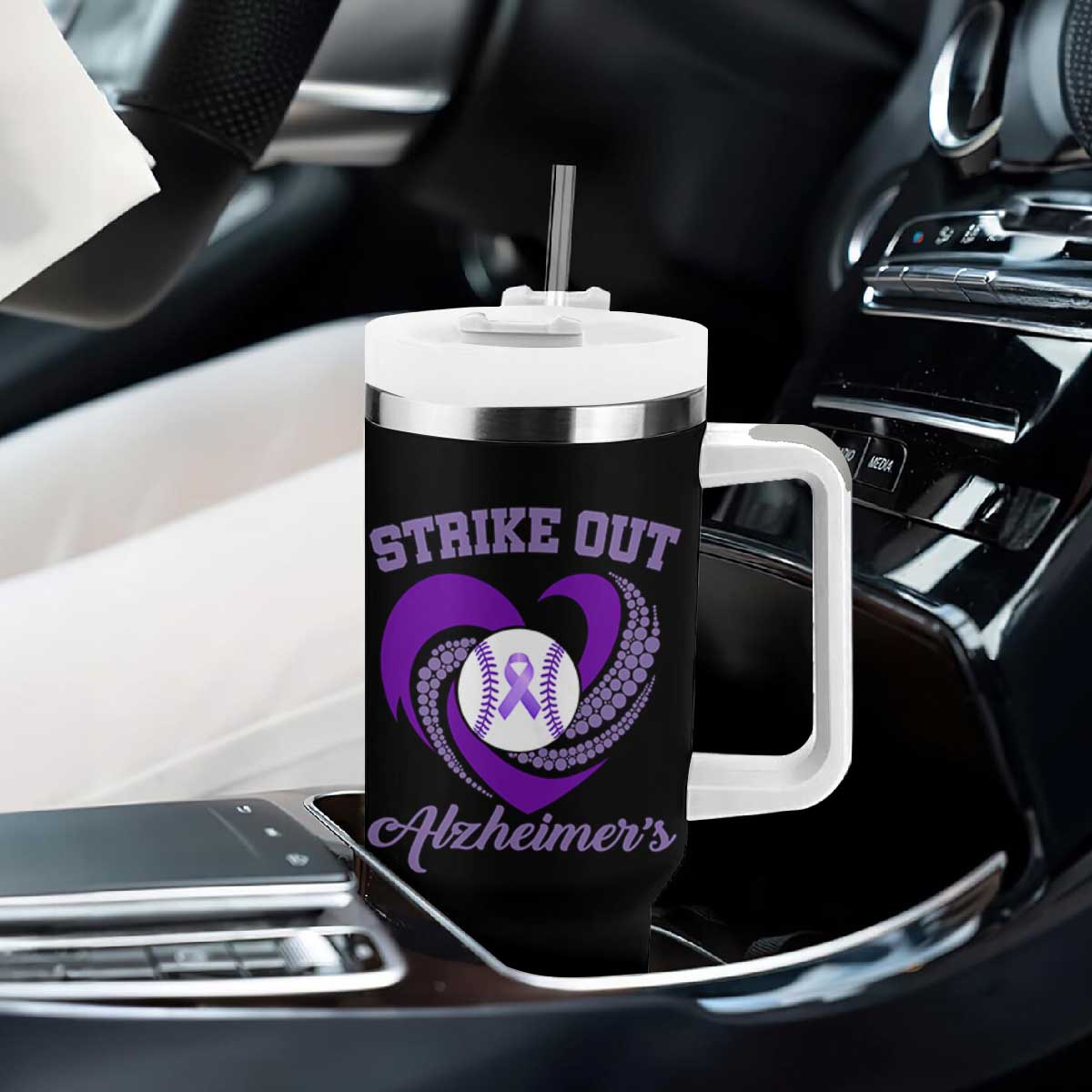 Strike Out Alzheimers Tumbler With Handle Purple Ribbon Baseball Hope Support TS12 Print Your Wear