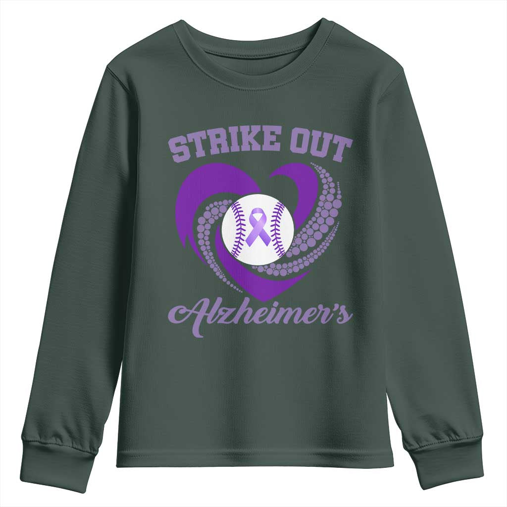 Strike Out Alzheimers Youth Sweatshirt Purple Ribbon Baseball Hope Support TS12 Dark Forest Green Print Your Wear