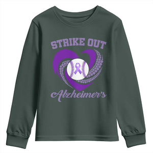 Strike Out Alzheimers Youth Sweatshirt Purple Ribbon Baseball Hope Support TS12 Dark Forest Green Print Your Wear