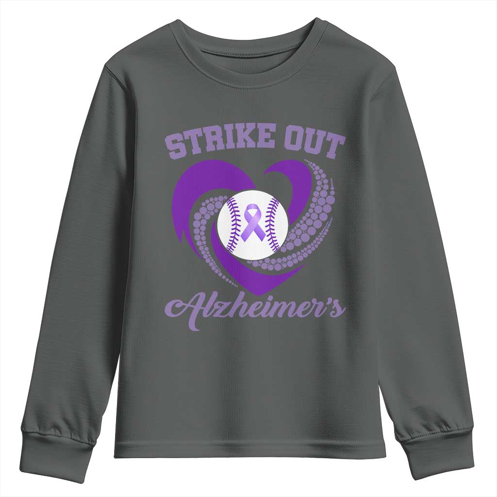 Strike Out Alzheimers Youth Sweatshirt Purple Ribbon Baseball Hope Support TS12 Dark Heather Print Your Wear