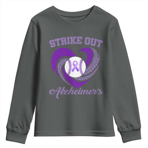 Strike Out Alzheimers Youth Sweatshirt Purple Ribbon Baseball Hope Support TS12 Dark Heather Print Your Wear