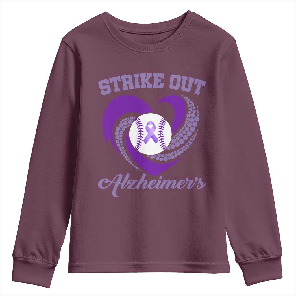 Strike Out Alzheimers Youth Sweatshirt Purple Ribbon Baseball Hope Support TS12 Maroon Print Your Wear