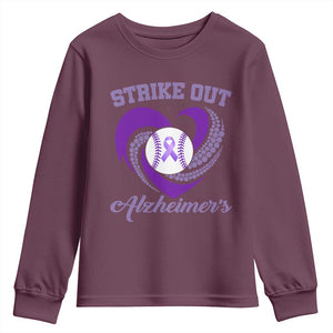 Strike Out Alzheimers Youth Sweatshirt Purple Ribbon Baseball Hope Support TS12 Maroon Print Your Wear