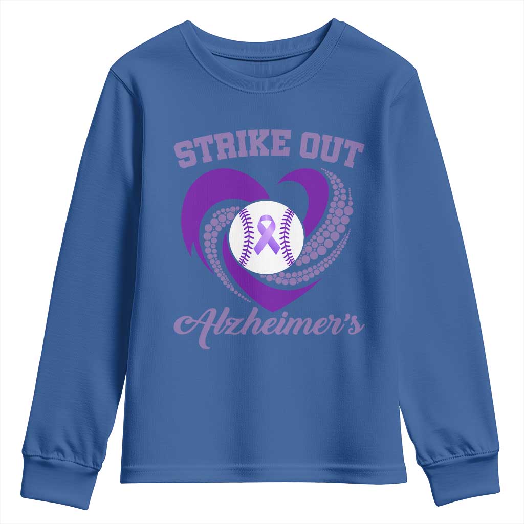 Strike Out Alzheimers Youth Sweatshirt Purple Ribbon Baseball Hope Support TS12 Royal Blue Print Your Wear