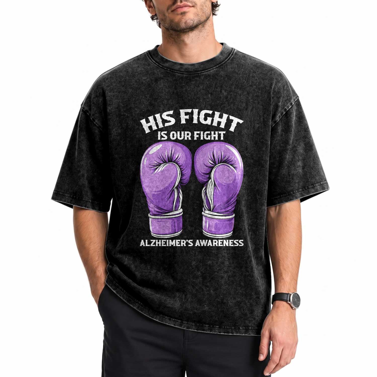 Purple Boxing Gloves Alzheimers Support Washed Cotton T-Shirt His Fight Our Fight