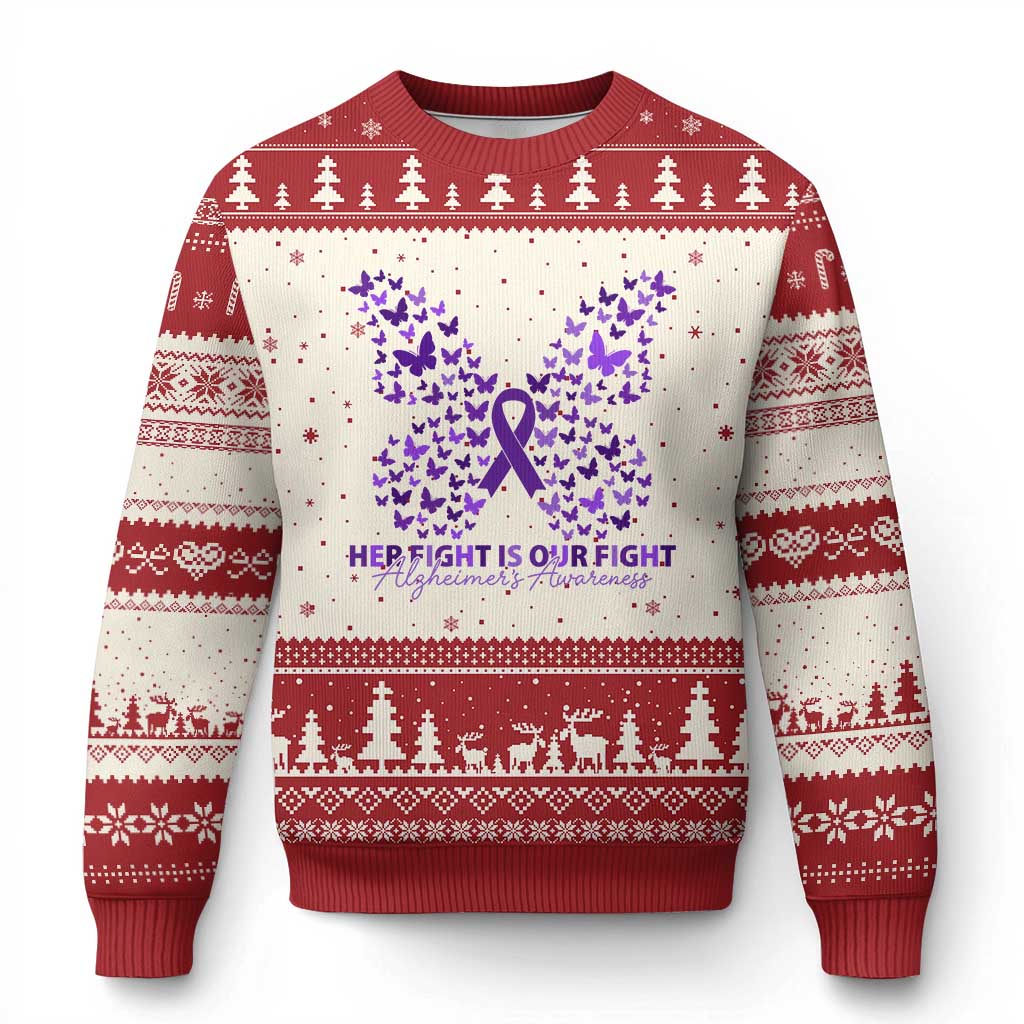 Alzheimers Awareness Butterfly Support Gift Ugly Christmas Sweater Her Fight Our Fight TS12 Beige Red Print Your Wear