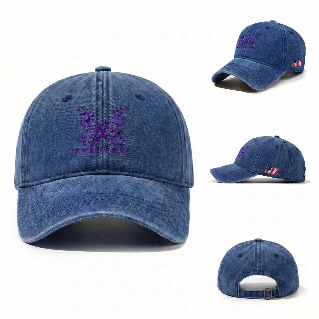 Alzheimers Awareness Butterfly Support Gift Washed Cotton Baseball Cap Her Fight Our Fight TS12 Washed Cap Universal Fit Royal Blue Print Your Wear