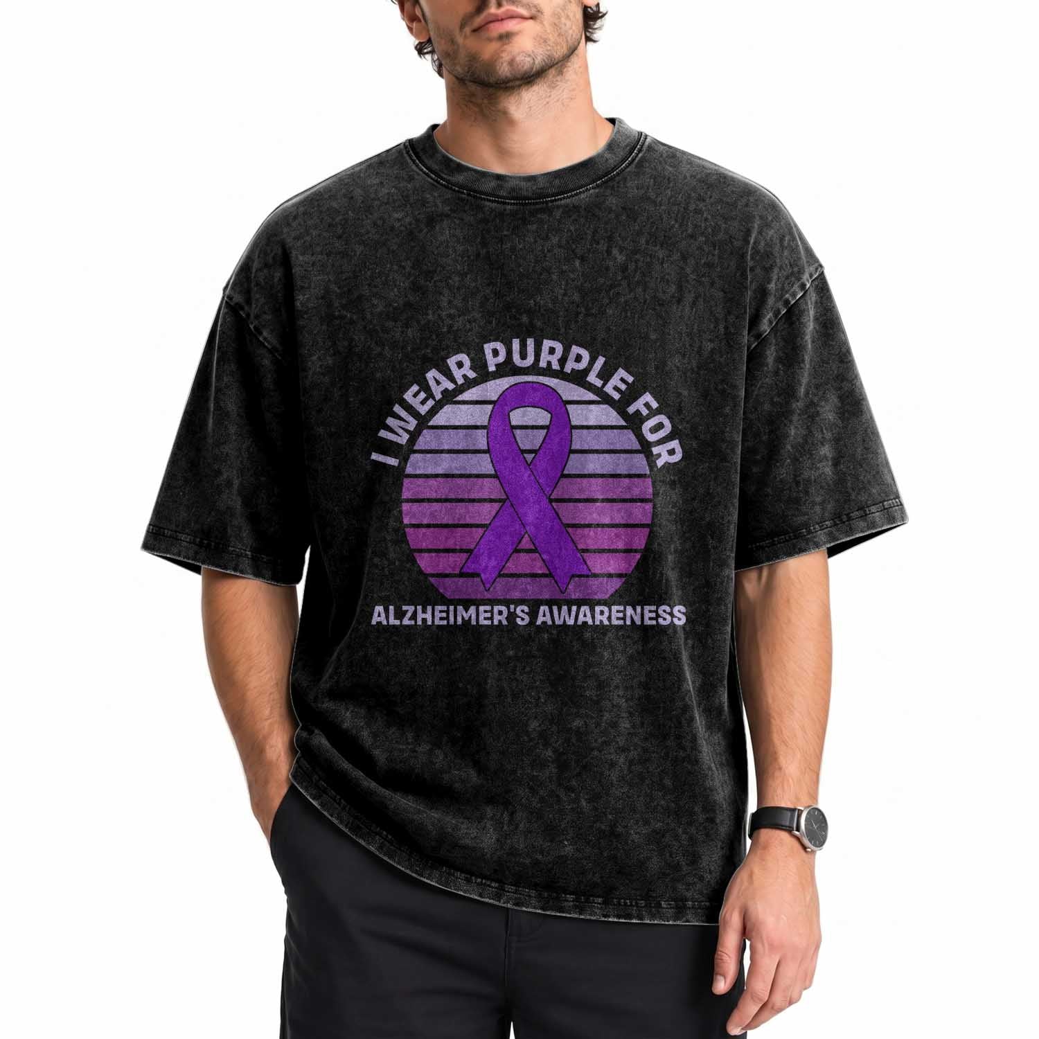 I Wear Purple For Alzheimers Washed Cotton T-Shirt Vintage Sunset Purple Ribbon Graphic