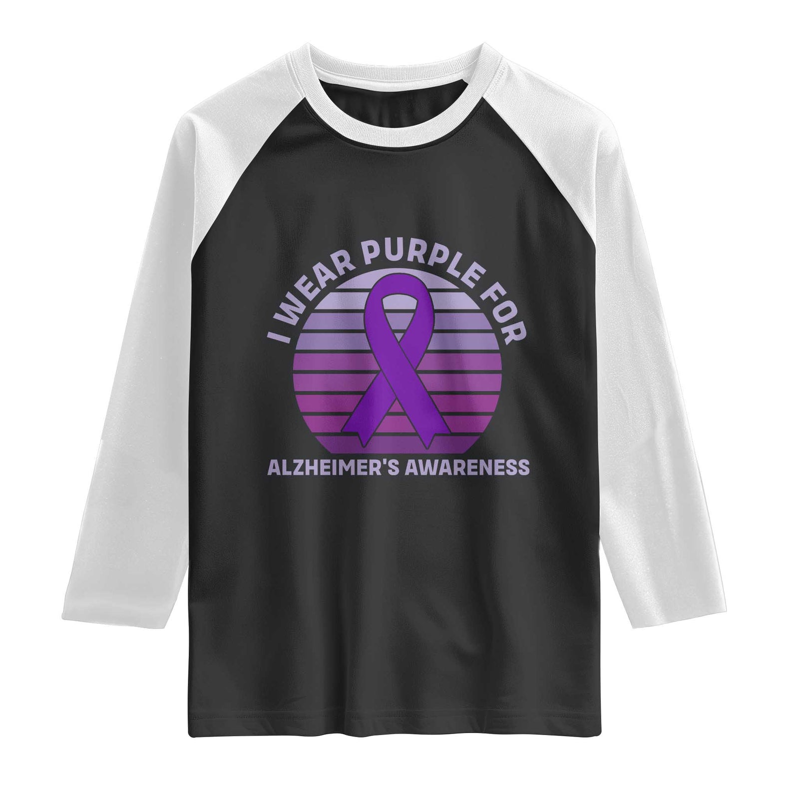 I Wear Purple For Alzheimers Raglan Shirt Vintage Sunset Purple Ribbon Graphic TS12 Black White Print Your Wear