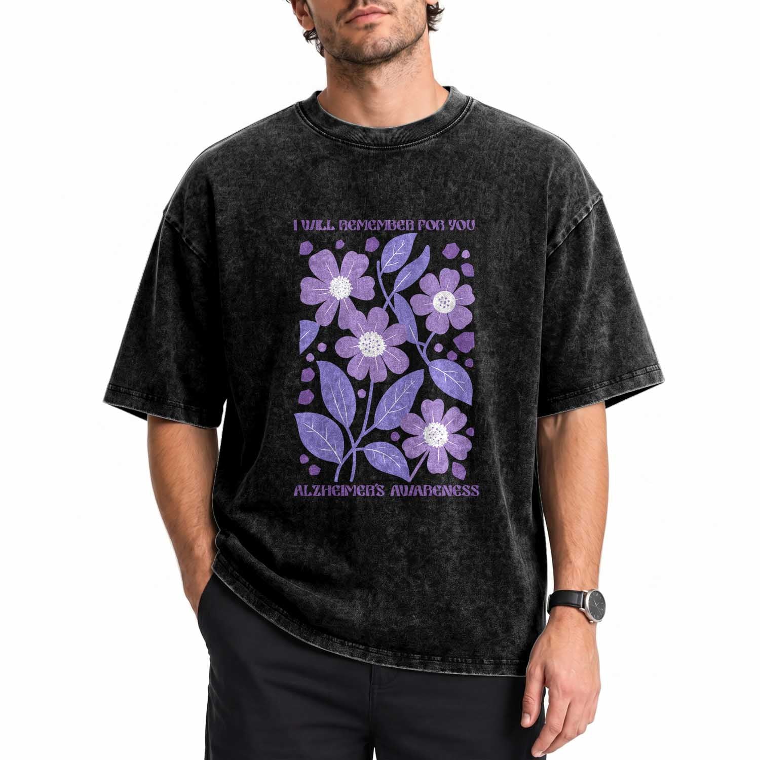 Alzheimers Purple Floral Retro Graphic Washed Cotton T-Shirt I Will Remember For You