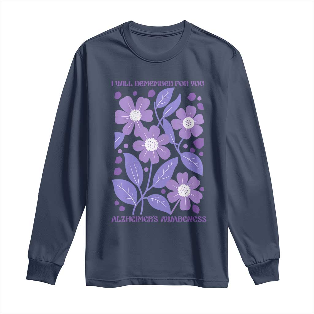Alzheimers Purple Floral Retro Graphic Long Sleeve Shirt I Will Remember For You TS12 Navy Print Your Wear