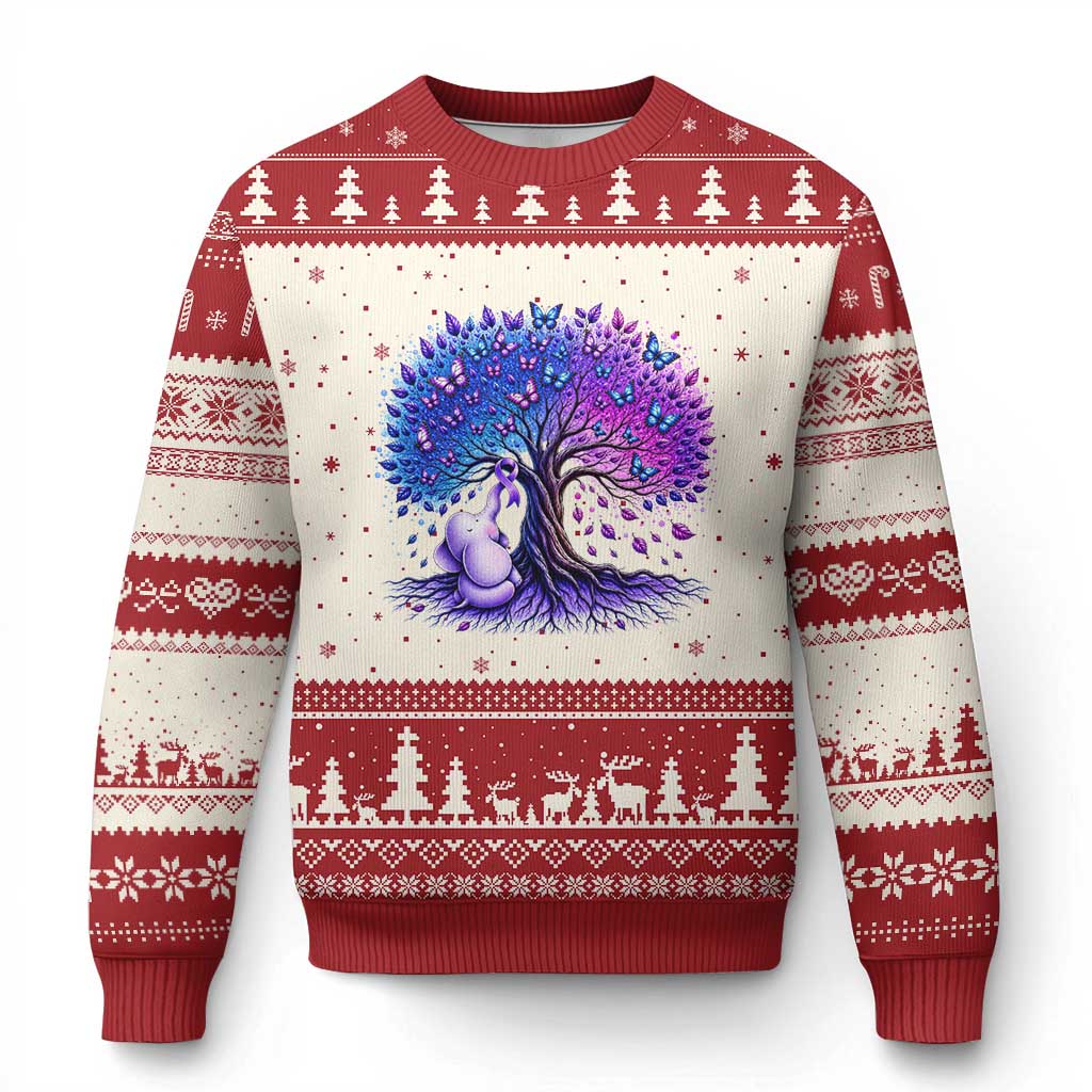 Purple Elephant Butterfly Ribbon Ugly Christmas Sweater Tree Of Life Alzheimers Support TS12 Beige Red Print Your Wear