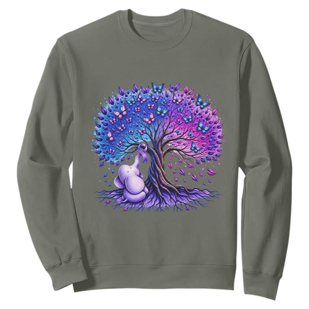Purple Elephant Butterfly Ribbon Sweatshirt Tree Of Life Alzheimers Support TS12 Military Green Print Your Wear