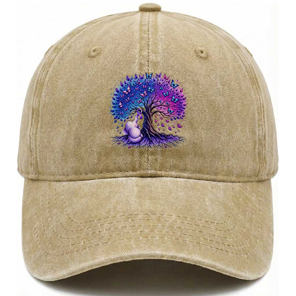 Purple Elephant Butterfly Ribbon Washed Cotton Baseball Cap Tree Of Life Alzheimers Support TS12 Print Your Wear