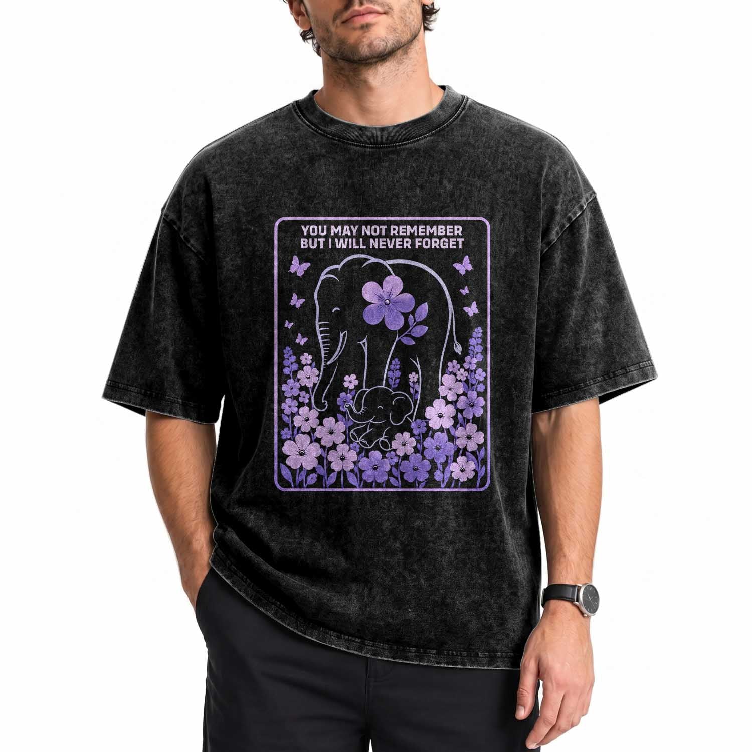 Elephant Alzheimers Purple Floral Support Washed Cotton T-Shirt You May Not Remember But I Will Never Forget