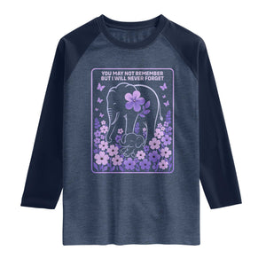 Elephant Alzheimers Purple Floral Support Raglan Shirt You May Not Remember But I Will Never Forget TS12 Heather Denim Navy Print Your Wear