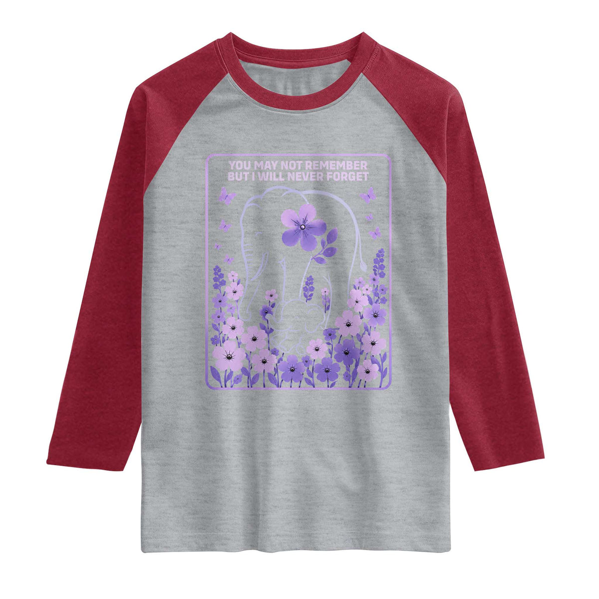 Elephant Alzheimers Purple Floral Support Raglan Shirt You May Not Remember But I Will Never Forget TS12 Heather Gray Heather Red Print Your Wear