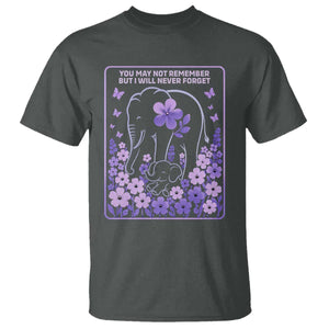 Elephant Alzheimers Purple Floral Support T Shirt You May Not Remember But I Will Never Forget TS12 Dark Heather Print Your Wear