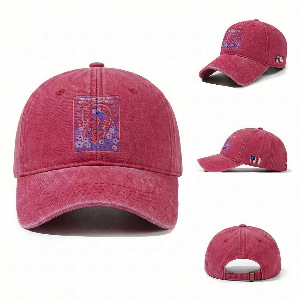 Elephant Alzheimers Purple Floral Support Washed Cotton Baseball Cap You May Not Remember But I Will Never Forget TS12 Washed Cap Universal Fit Red Print Your Wear