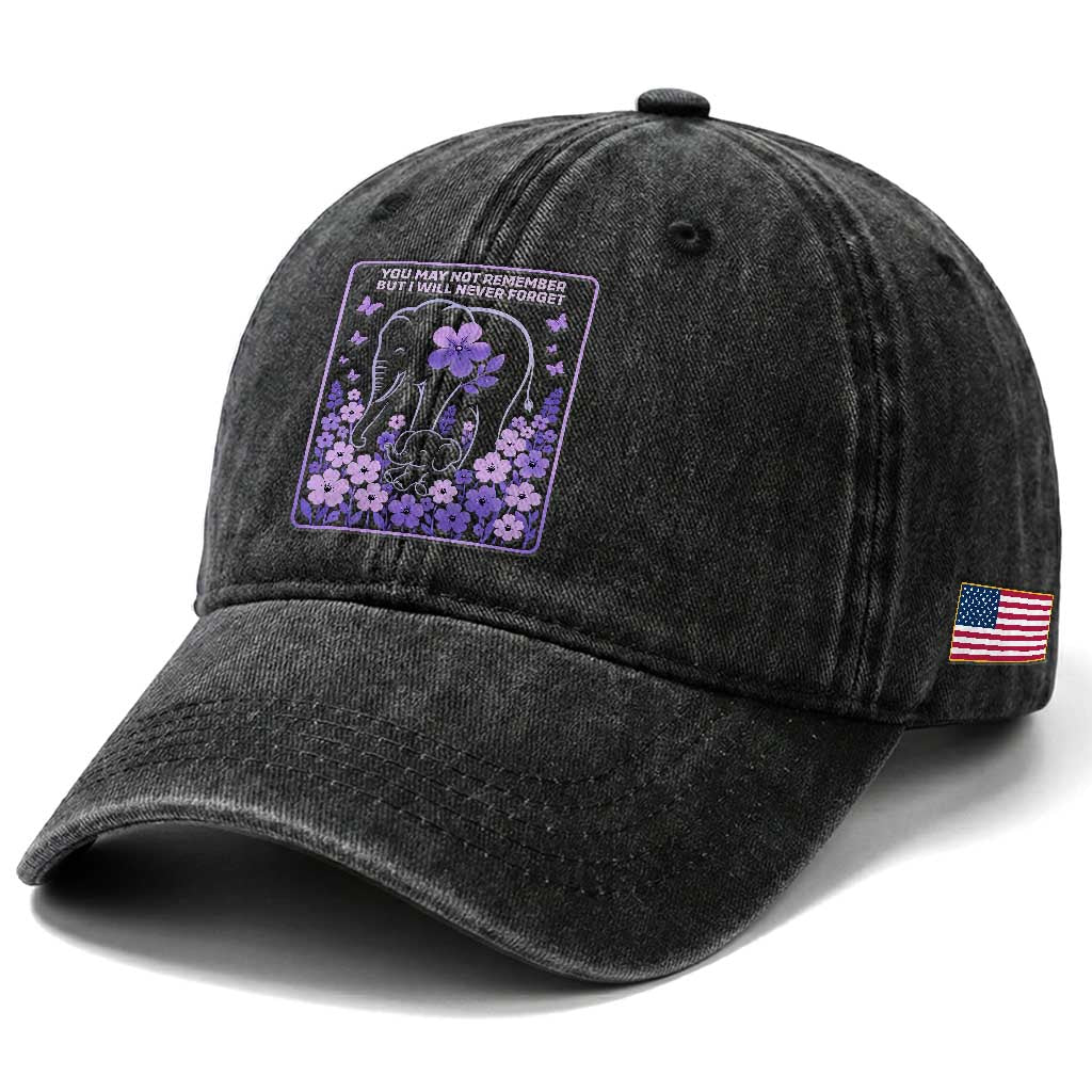 Elephant Alzheimers Purple Floral Support Washed Cotton Baseball Cap You May Not Remember But I Will Never Forget TS12 Print Your Wear